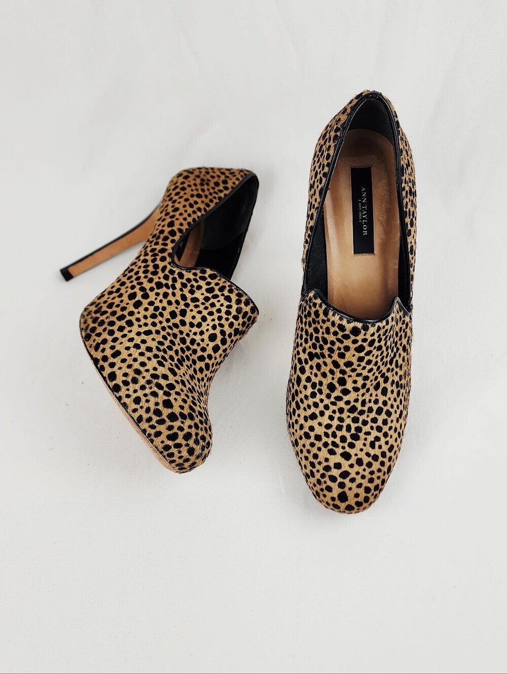 Ann Taylor Leandra Leather Calf Hair Leopard Platform High Heel Shoes
